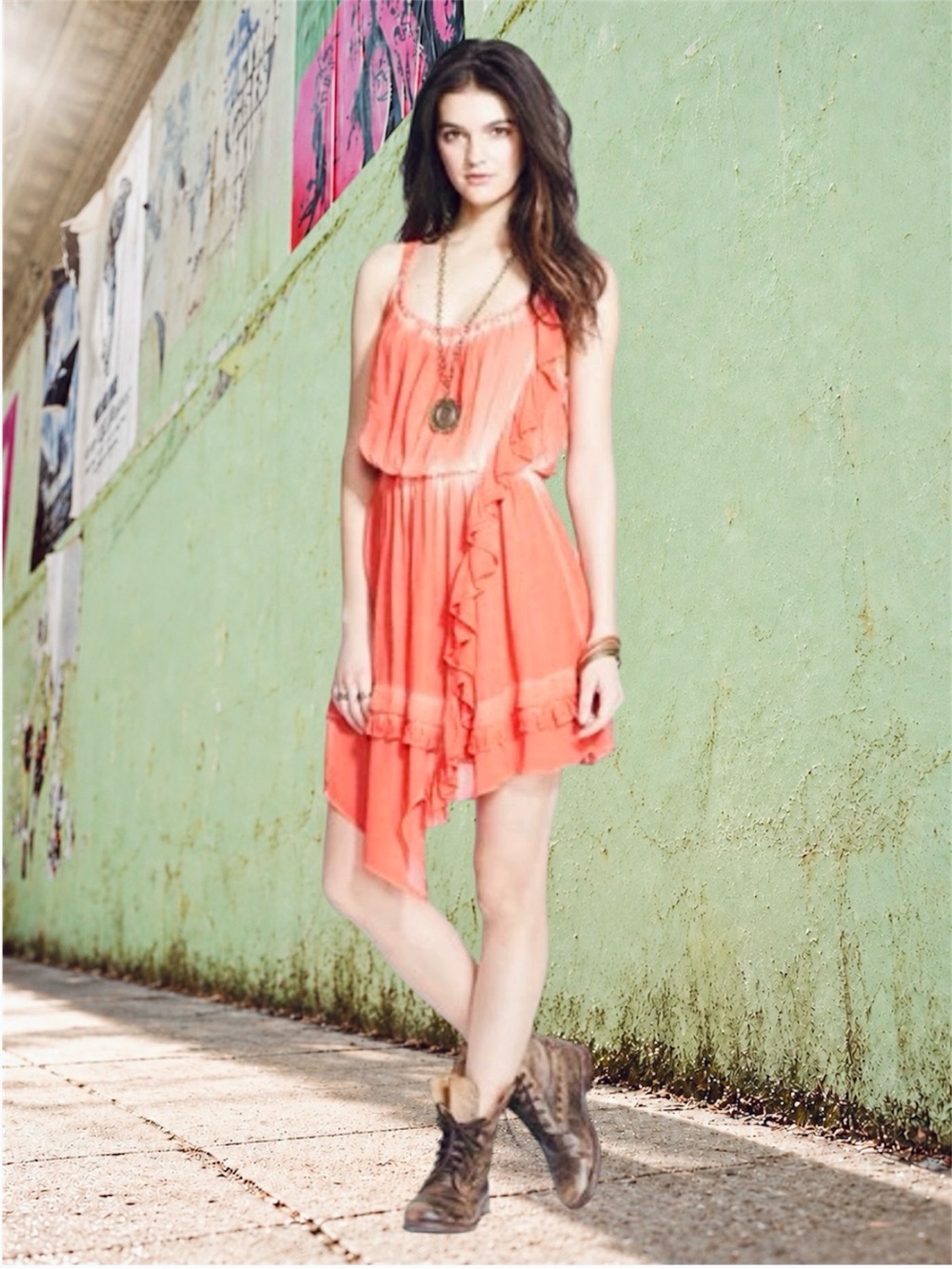 Free People Aphrodite Orange Ruffle Boho Mini Dress Small